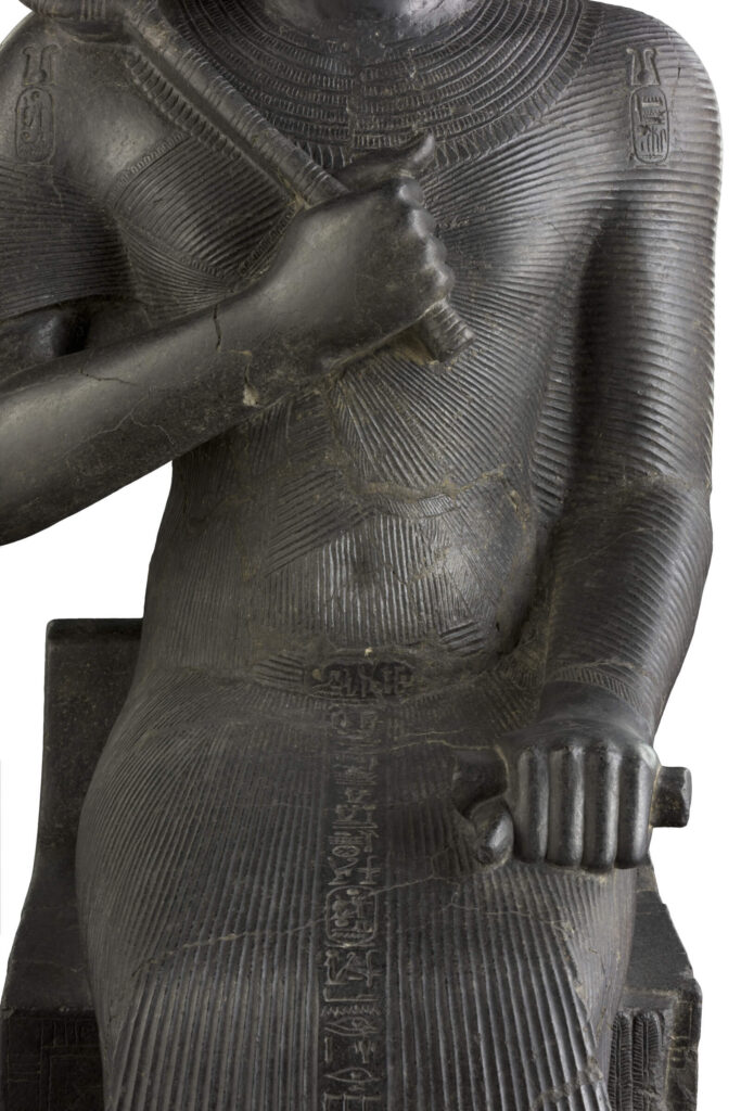 Ramesses II statue: Ramesses II, New Kingdom, 19th Dynasty, 1279–1254 BCE, granodiorite, Temple of Amun, Karnak Temple Complex, Thebes (Luxor), Egypt, Museo Egizio, Turin, Italy. Detail.
