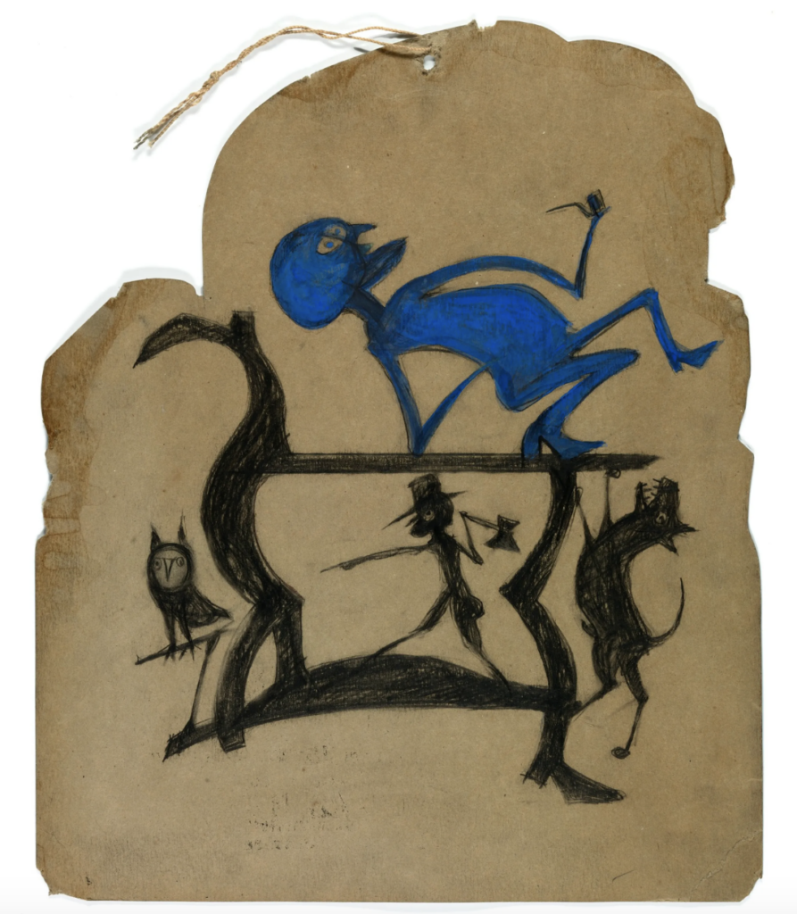 black folk artists: Bill Traylor, Untitled (Legs Construction with Blue Man), ca. 1940-1942, opaque watercolor, pencil, and charcoal on paperboard. Smithsonian American Art Museum, Washington D.C., USA.

