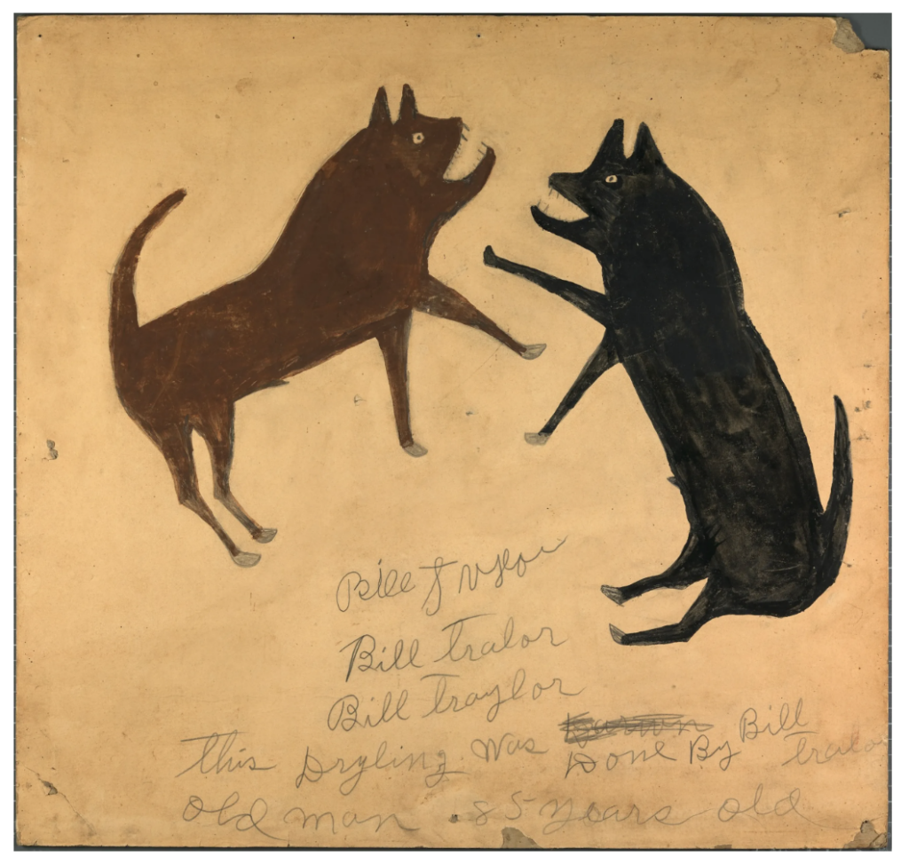 black folk artists: Bill Traylor, Untitled (Dog Fight with Writing), ca. 1939-1940, opaque watercolor and pencil on paperboard. Smithsonian American Art Museum, Washington D.C., USA.
