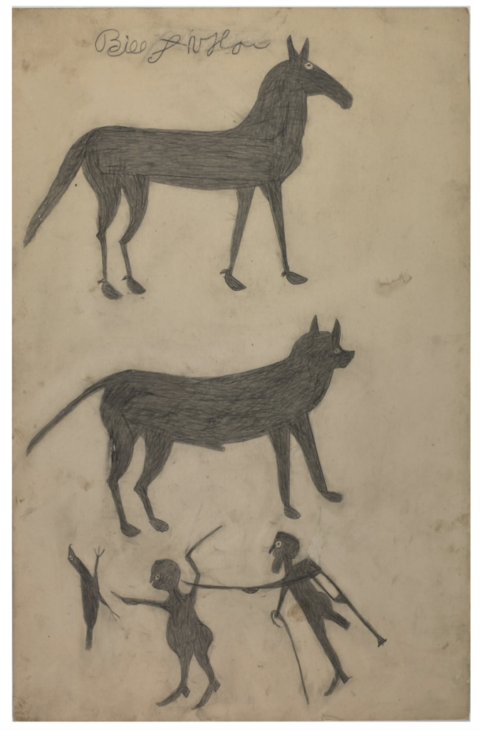black folk artists: Bill Traylor, Untitled (Mule, Dog, and Scene with Chicken), July 1939, pencil on paperboard. Smithsonian American Art Museum, Washington D.C., USA.
