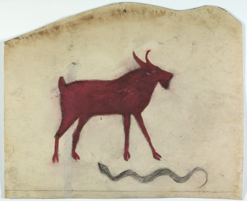 black folk artists: Bill Traylor, Untitled (Red Goat with Snake), ca. 1940-1942, Opaque watercolor and pencil on paperboard. Smithsonian American Art Museum, Washington D.C., USA.
