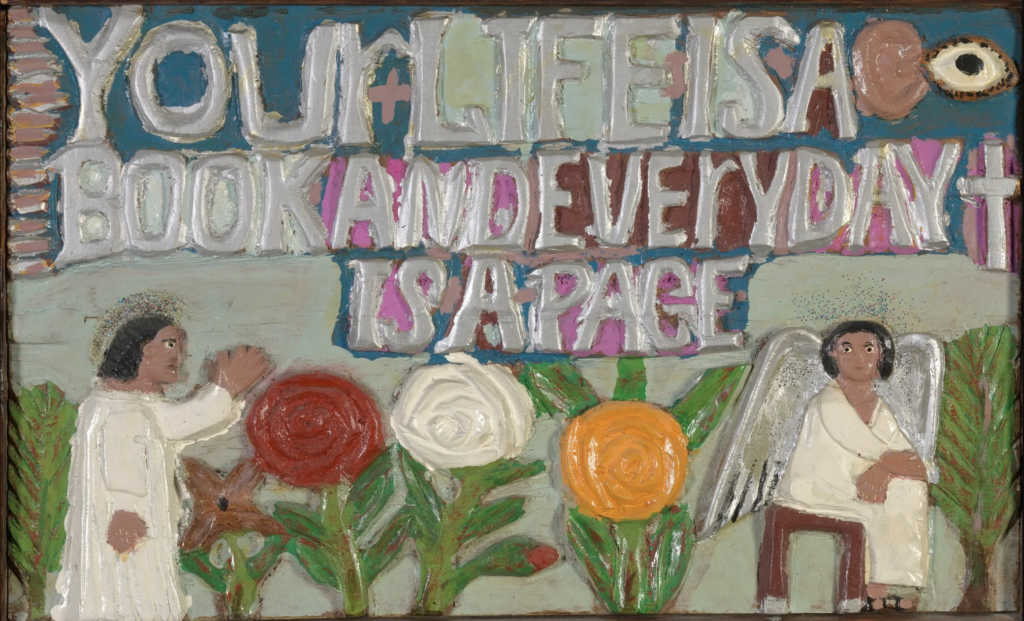 black folk artists: Elijah Pierce, Your Life Is a Book and Every Day Is a Page, 1973, carved and painted wood with glitter, Smithsonian American Art Museum, Washington D.C., USA.
