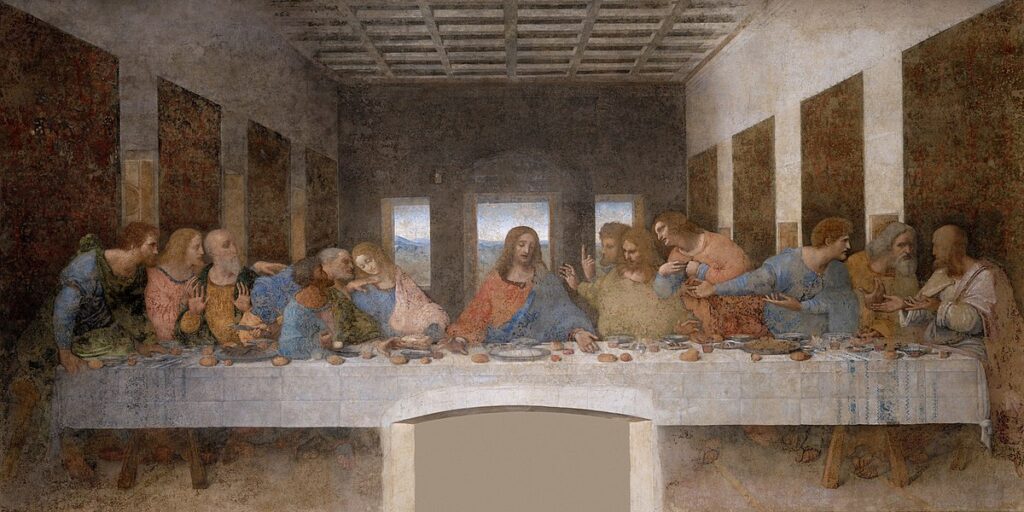 art in saltburn: Leonardo da Vinci, The Last Supper, c.1495–1498, Santa Maria delle Grazie, Milan, Italy. Wikipedia Commons (public domain)
