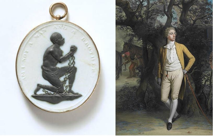 abolitionist art: The Wedgewood Medallion in a jewelry setting (left, Victoria and Albert Museum, London, UK) and a 1785-179 Portrait showing the fashion for wearing charms or medallions on fob-pocket ribbons (right).
