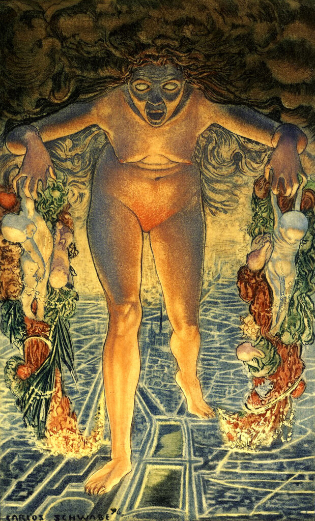 androgyny and misogyny in symbolist art: Androgyny and Misogyny in Symbolist Art: Carlos Schwabe, Crepuscule, 1900, illustration to Charles Baudelaire’s Les Fleurs du mal.
