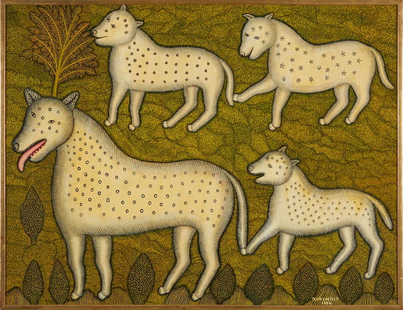 morris hirshfield: Morris Hirshfield, Dog and Pups, 1944, private collection.
