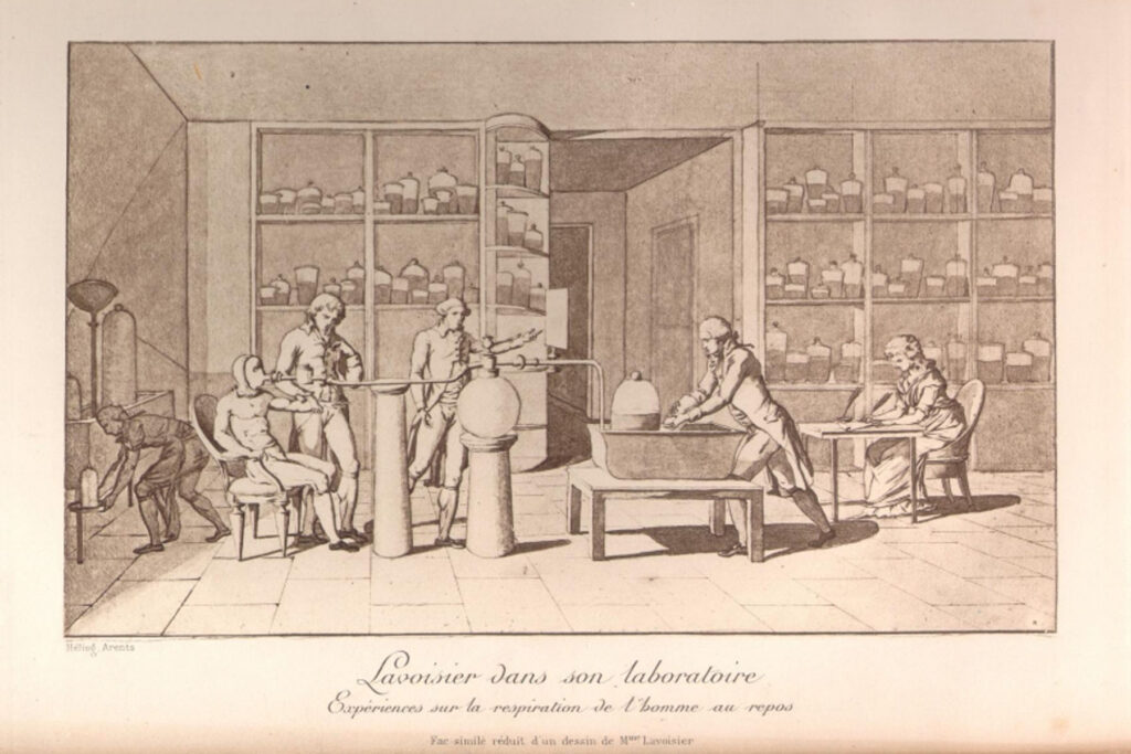 Marie Anne Paulze Lavoisier: Marie-Anne Paulze Lavoisier, Illustration depicting Lavoisier performing experiments on the chemistry of human respiration while she takes notes, c. 1790. Wellcome Collection, London, UK. Science Museum.
