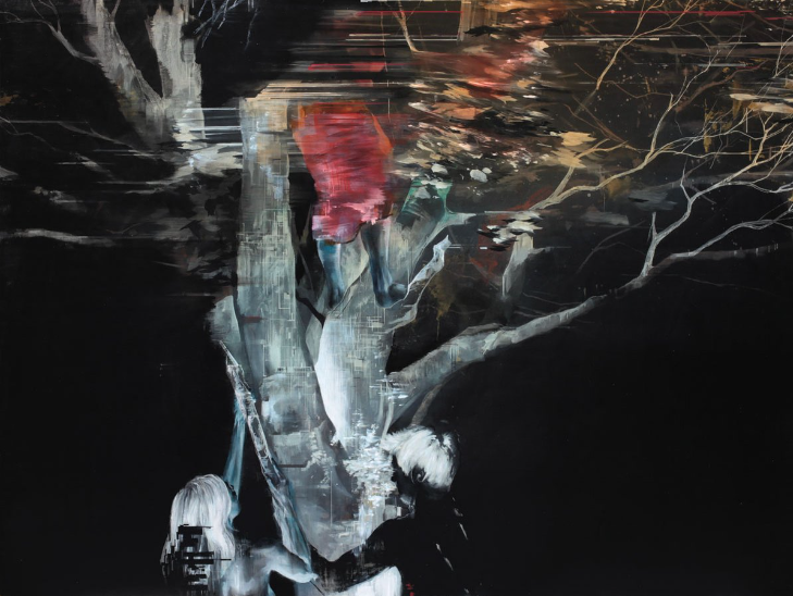 Ian Francis: Ian Francis, Tree Climbing/ Shaking Late at Night, 2014, mixed media on panel. Artist’s website.
