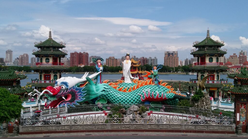 Asian Dragons: Dragon and Tiger Pagodas, 1976, Lotus Pond, Kaohsiung, Taiwan. Photograph by Sean Chiu via Wikimedia Commons (CC BY-SA 4.0).
