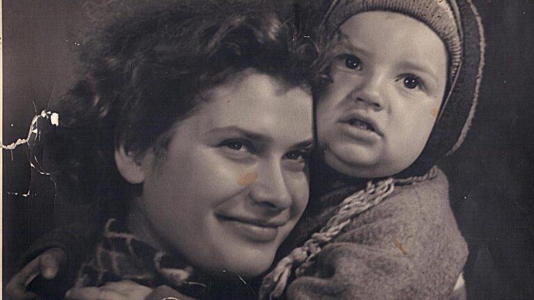 Alla Horska: Alla Horska with her son Oles, 1955. Ukrainian Official. Detail.
