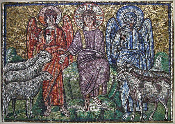 paintings of satan: Paintings of Satan: Parable of Sheep and Goats, 520 AD, mosaic. Basilica di Sant’Apollinare Nuovo, Ravenna, Italy.
