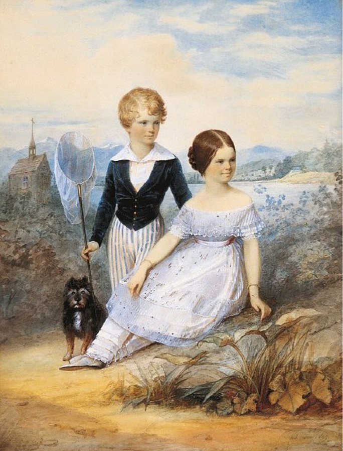 empress sisi: Carl Haag, Princess Elisabeth of Austria with Her Brother Carl Theodor and Their Dog Bummerl in Possenhofen Castle, 1849, Sisi Museum Wien, Vienna, Austria.
