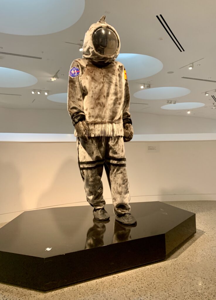 inuit art: Jesse Tungilik, Seal Skin Spacesuit, 2019, sealskin, sealskin leather, beads, Collection of the Indigenous Art Centre, No. 501087 A-B. Photo by the author, Seoyoung (Alyssa) Kim.
