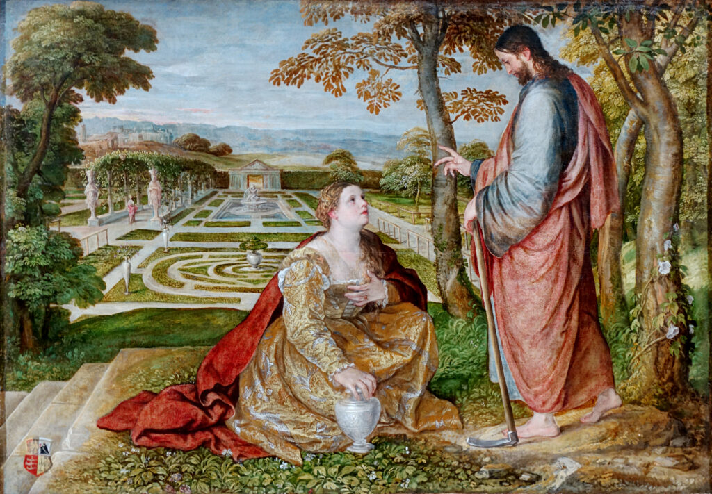 Noli me tangere in art: Lambert Sustris, Noli me tangere (Christ Appearing As A Gardener To Mary Magdalene), between 1548 and 1560, Palais des beaux-arts de Lille, Lille, France.
