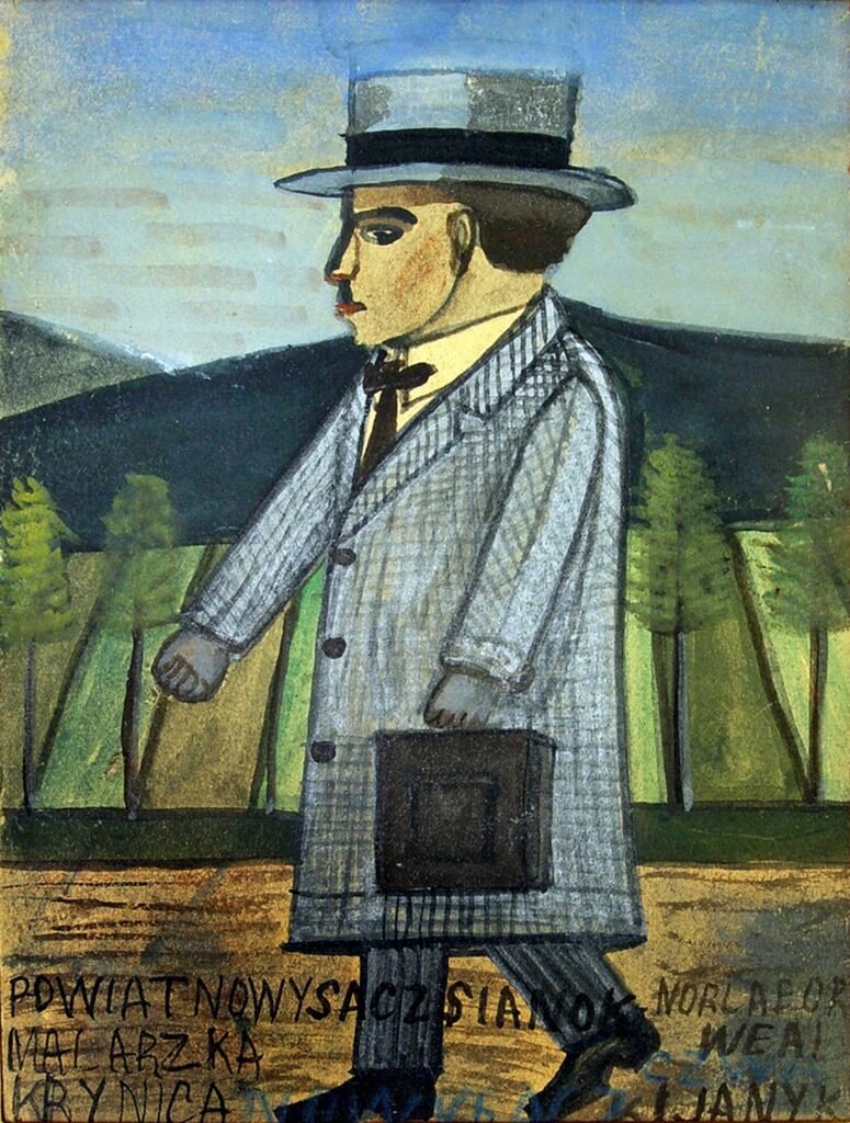 Nikifor painter: Nikifor, Malarz w drodze do pracy (Painter on the way to work), Museum of Nikifor in Krynica Zdrój, Krynica Zdrój, Poland. Historiaposzukaj.
