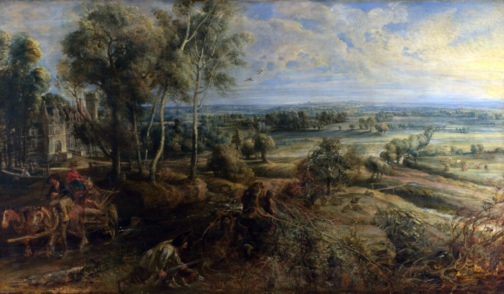 Peter Paul Rubens; painting: Peter Paul Rubens, An Autumn Landscape with a View of Het Steen in the Early Morning, 1635, National Gallery, London, UK.
