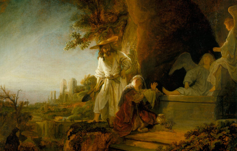 Noli me tangere in art: Rembrandt van Rijn, Christ and St Mary Magdalene at the Tomb, 1638, Buckingham Palace, London, UK. Detail.
