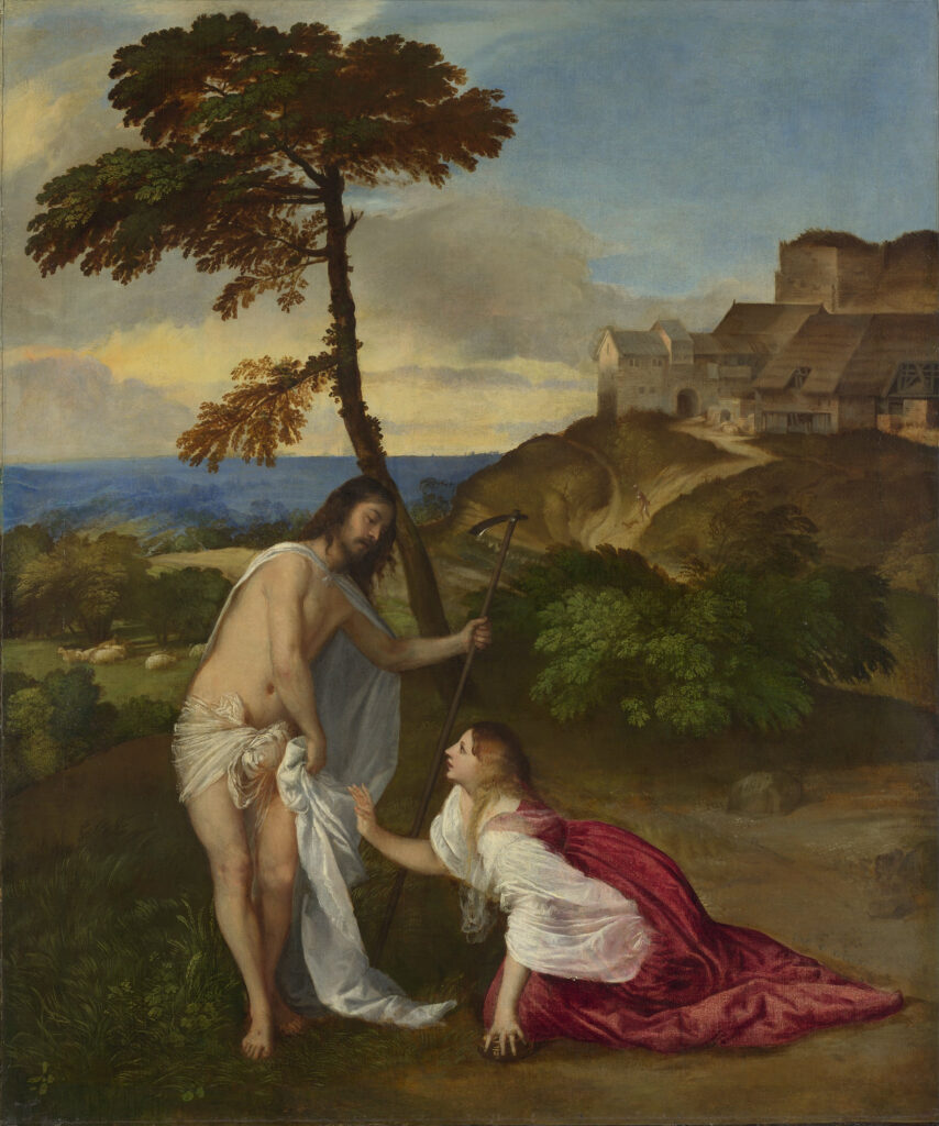 Noli me tangere in art: Titian, Noli me tangere, ca. 1514, The National Gallery, London, UK.
(The X-ray examination of the painting proves that Titian made many alterations to the first composition of this painting, and Christ was possibly wearing a gardener’s hat).
