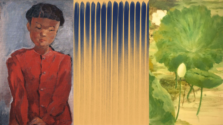 modern korean art: Left to right: Lee In-sung, Girl in Red, 1940s, Google Arts & Culture.Lee Ufan, From Line, 1982, private collection. Detail. Kang Yobae, Contemplating Lotus II, 2020, Hakgojae Gallery, Seoul, South Korea. Detail.
