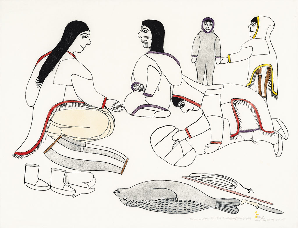 inuit art: Janet Kigusiuq, Woman in Labour, 1983, Printmaker Nancy Sevoga, Stonecut and stencil. Photo credit: WAG-Qaumajuq. Inuit Art Quarterly’s website.
