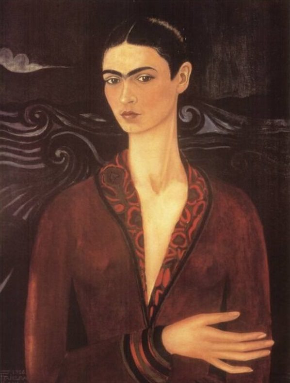 Frida Kahlo Self-Portrait with Thorn Necklace and Hummingbird: Frida Kahlo, Self Portrait in a Velvet Dress, 1926, private collection, Mexico City, Mexico.
