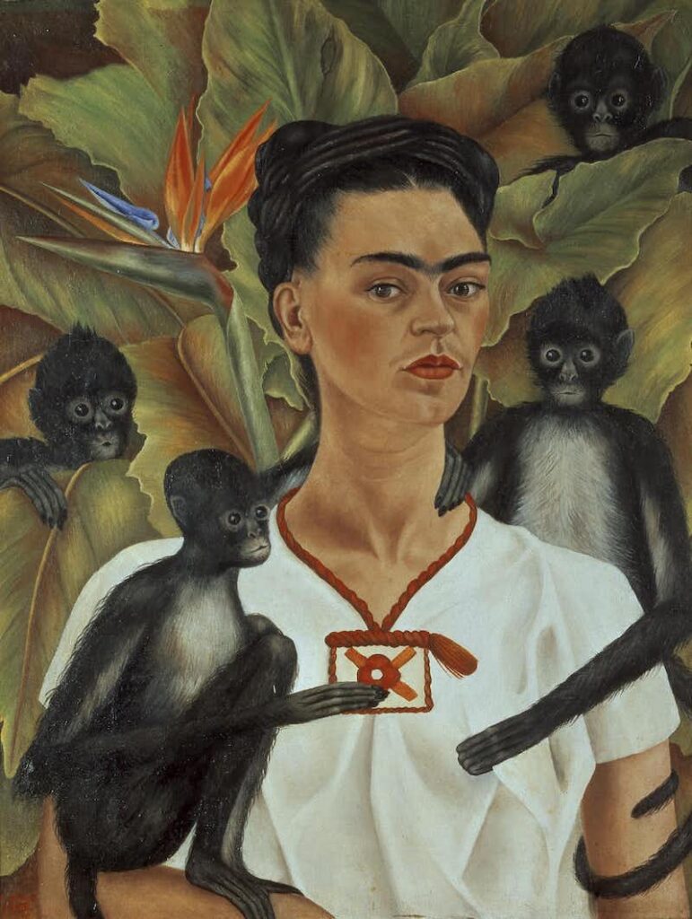 Frida Kahlo Self-Portrait with Thorn Necklace and Hummingbird: Frida Kahlo, Self Portrait with Monkeys, 1943, the collection of Jacques and Natasha Gelman, Mexico City, Mexico.
