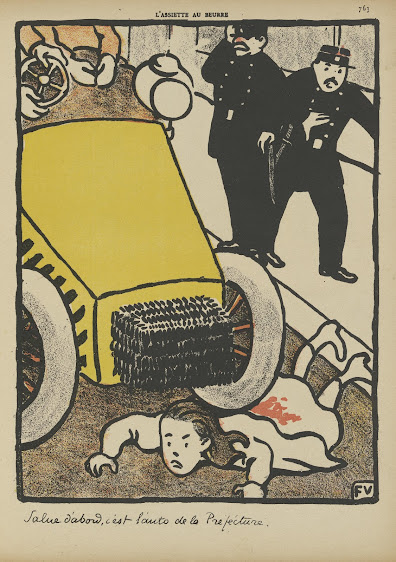 Félix Vallotton: Félix Vallotton, First, Salute, it’s the Prefecture’s Car, from the series Crime et Châtiment published in L’Assiette au Beurre, 1902, a lithograph in three colors on wove paper, Van Gogh Museum, Amsterdam, The Netherlands.
