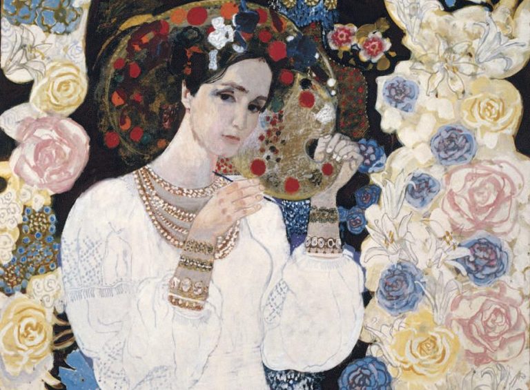 Viktor Zaretsky: Viktor Zaretsky, Portrait of Raisa Nedashkivska as Catherine Bilokur, 1989. Ukrainian Unofficial. Detail.
