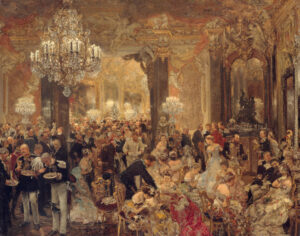 party in art: Adolph Menzel, The Dinner at the Ball, ca. 1878, Alte Nationalgalerie, Berlin, Germany. Photo via Wikimedia Commons (public domain).
