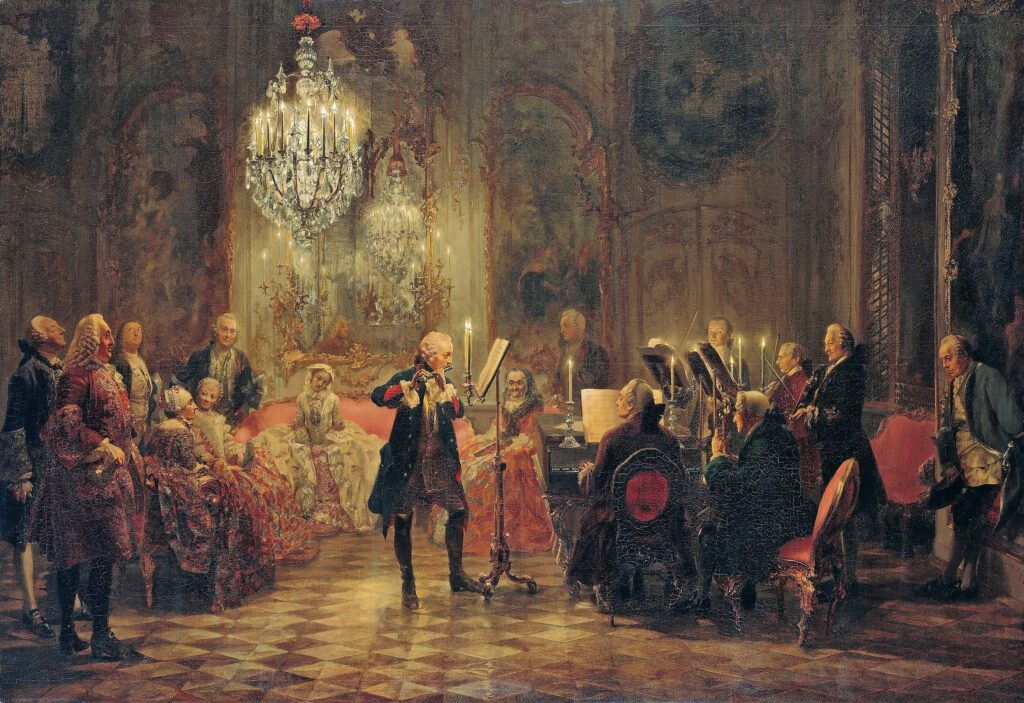 party in art: Party in Art: Adolph Menzel, Frederick the Great Playing the Flute at Sanssouci, ca. 1852, Alte Nationalgalerie, Berlin, Germany. Photo via Wikimedia Commons (public domain).
