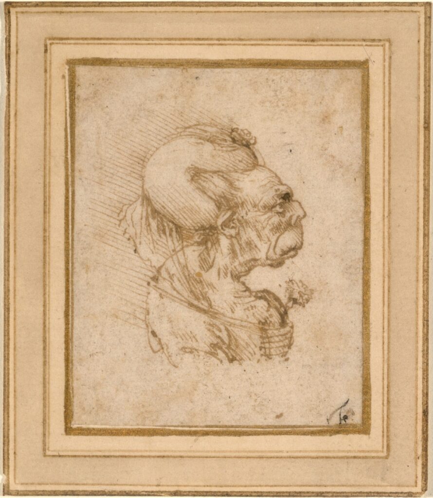 Leonardo da Vinci caricatures: Leonardo da Vinci, Grotesque Head of an Old Woman, 1489-1490, National Gallery of Art, Washington, DC, USA.
