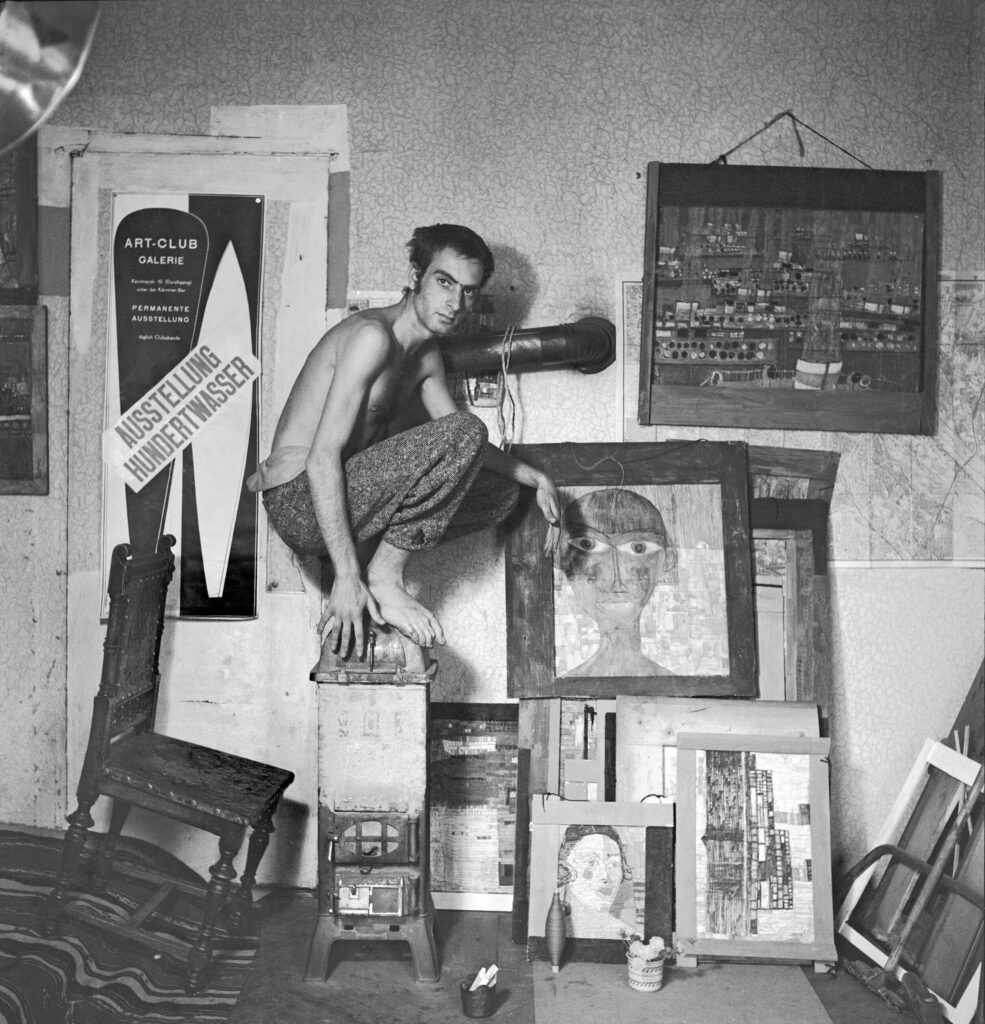 Friedensreich Hundertwasser: The Austrian artist Friedensreich Hundertwasser at his atelier, around 1952. Photograph by Helmut Baar.
