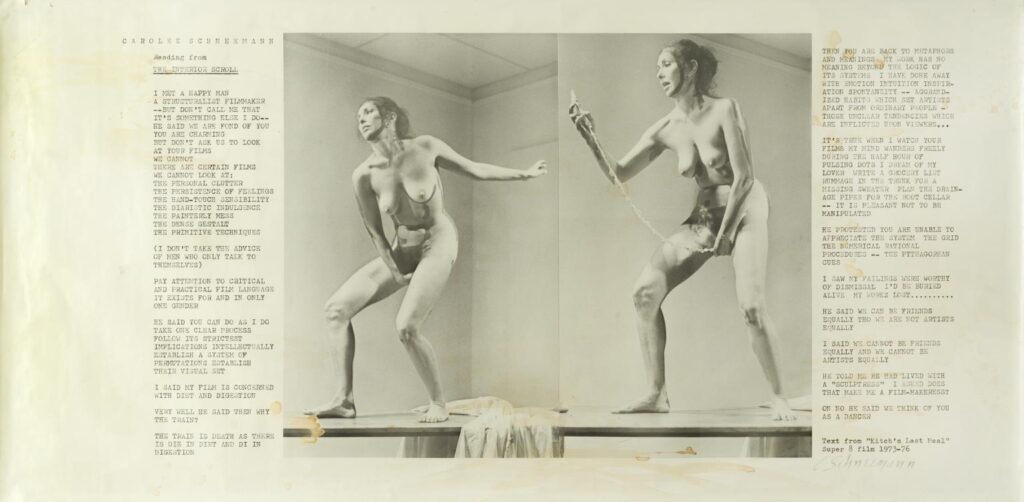 Contemporary feminist art: Carolee Schneemann, Interior Scroll, 1975, performance at Women Here and Now, East Hampton, New York City, NY, USA. Tate © ARS, NY and DACS, London 2024.
