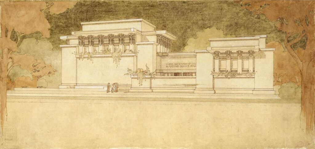 Marion Mahony Griffin: Marion Mahony Griffin, renderer, Unity Temple, 1905, Oak Park, IL, USA. Curbed.
