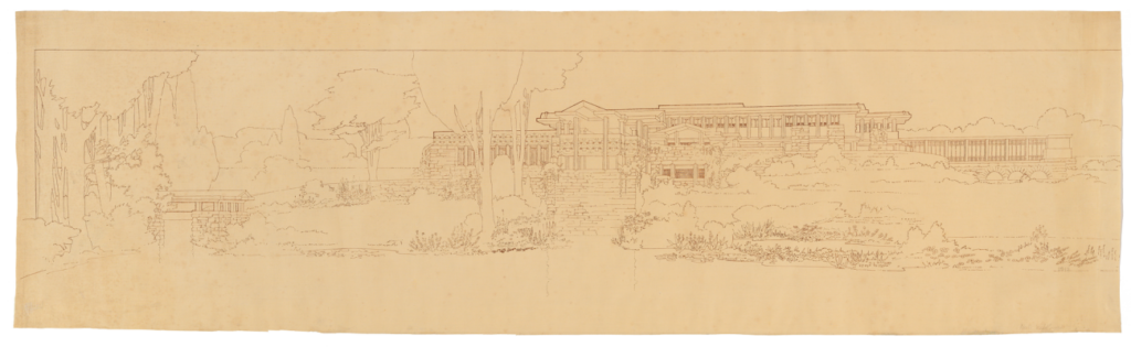 Marion Mahony Griffin: Marion Mahony Griffin, rendering, un-built Henry Ford Dwelling, Dearborn, MI, USA, 1912, Mary and Leigh Block Museum of Art, Pioneering Women.
