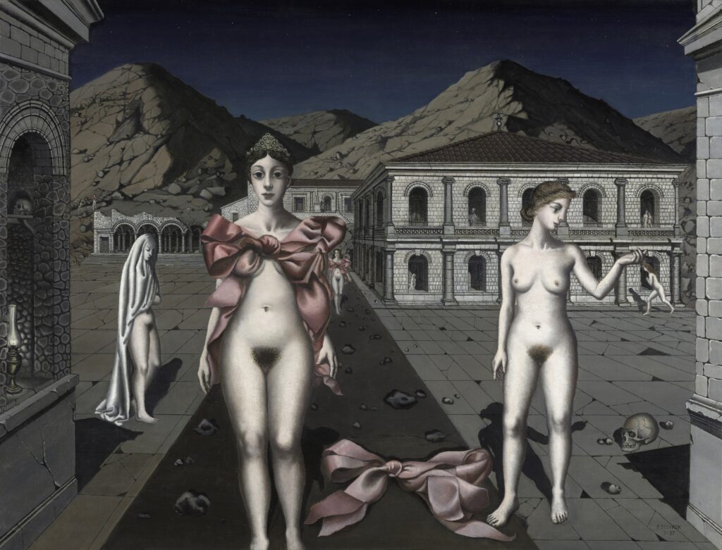 Surrealism in Belgium: Paul Delvaux, The Pink Bows, 1937, Royal Museums of Fine Arts of Belgium, Antwerp, Belgium.
