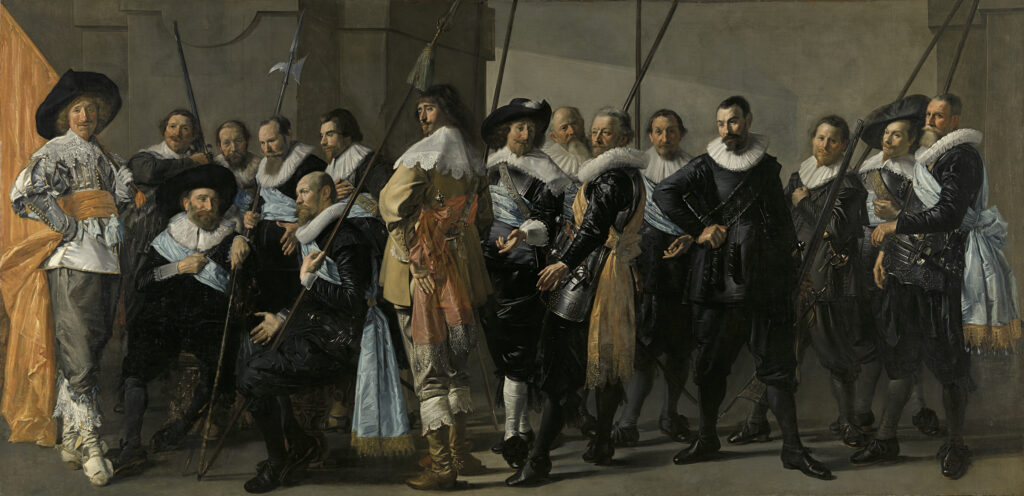 frans hals exhibition: Frans Hals (and Pieter Codde), The Meagre Company or Officers and Other Guardsmen of the XIth District of Amsterdam, under the Command of Captain Reijnier Reael and Lieutenant Cornelis Michielsz Blaeuw, 1637, Rijksmuseum, Amsterdam, The Netherlands.
