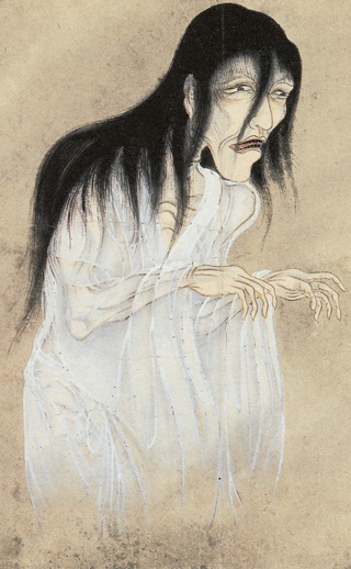 yūrei-zu: Sawaki Suushi, Yūrei, woodblock print on paper. Wikimedia Commons.
