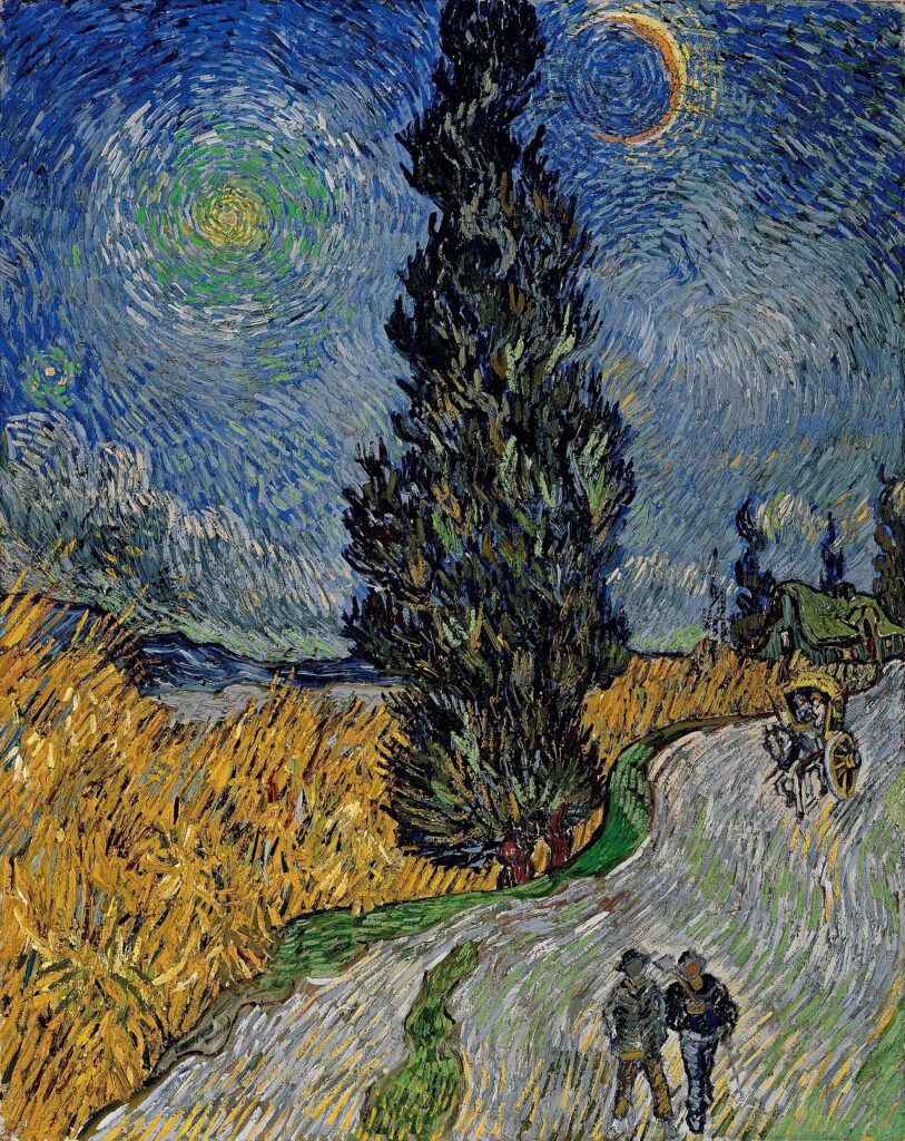 The Starry Night Van Gogh: Vincent van Gogh, Road with Cypress and Star, 1890, Kröller-Müller Museum, Otterlo, Netherlands.
