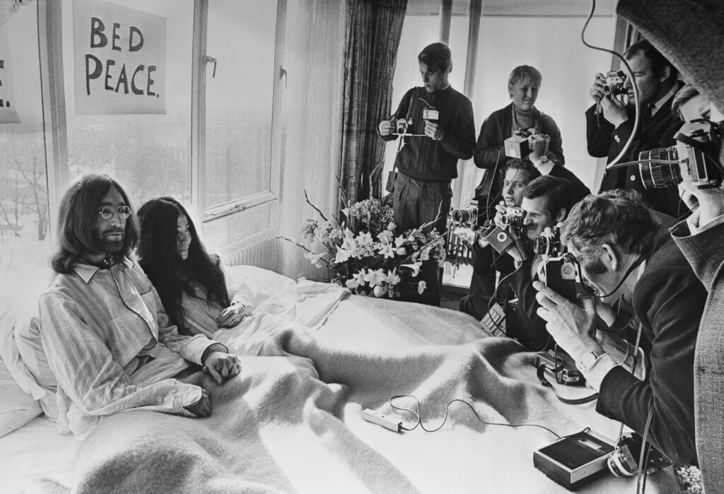 yoko ono exhibition: Yoko Ono and John Lennon, Bed-in for Peace, Amsterdam, 1969. Courtesy Yoko Ono. Photograph by Ruud Hoff. Image: Getty Images / Central Press / Stringer.
