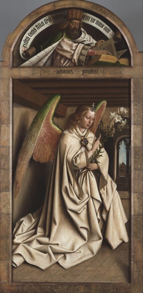 Ghent Altarpiece: Jan van Eyck, Ghent Altarpiece, 1432, St Bavo’s Cathedral, Ghent, Belgium. Detail of Archangel Gabriel.
