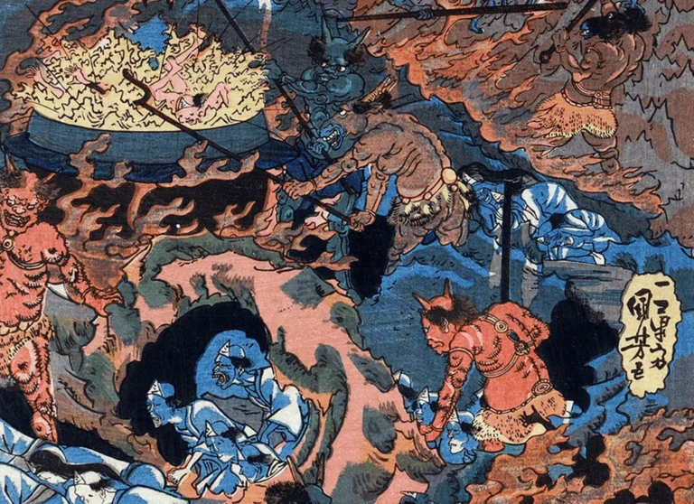 paintings of satan: Paintings of Satan: Utagawa Kuniyoshi, Ghosts, Devils, and The King of Hell, 1850, woodblock print, The British Museum, London, UK. Detail.
