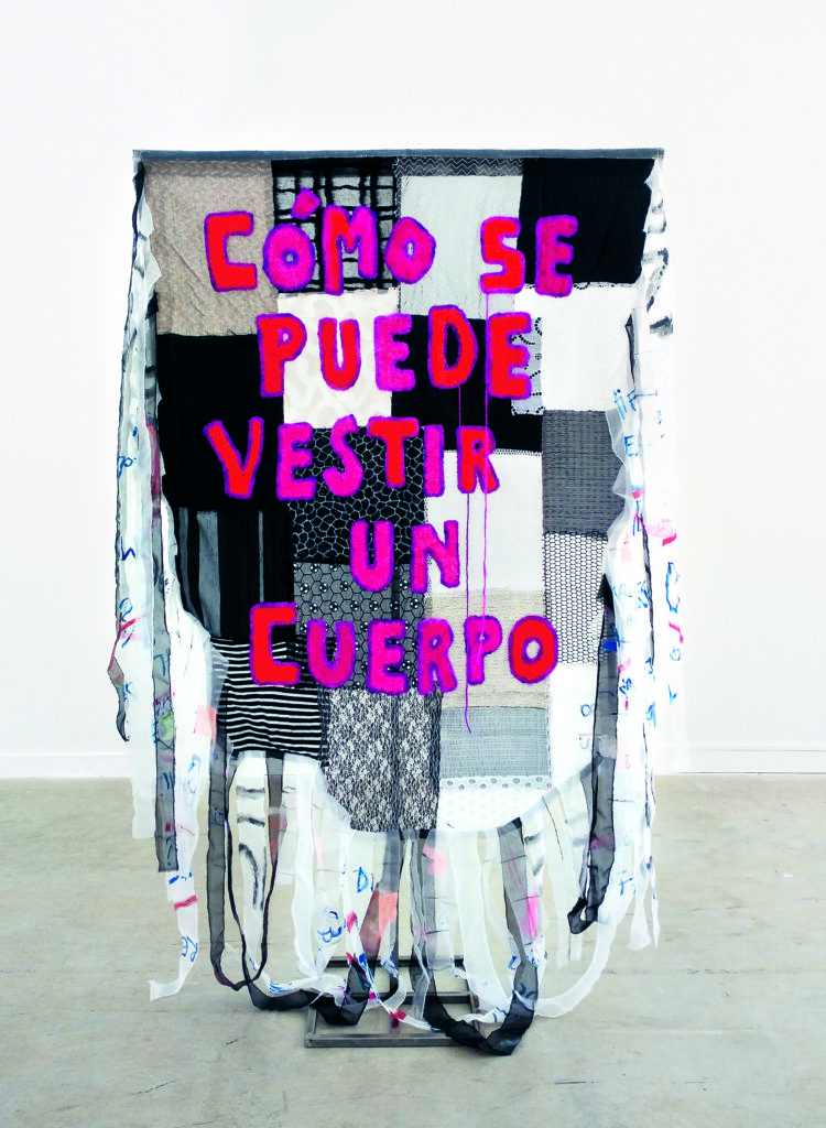 Vitamin Txt: Lucrecia Lionti, Cómo se puede vestir un cuerpo (How To Dress a Body), 2022. Fabric, sheep wool, acrylic paint, and metal frame. 78 3/4 × 47 in. (200 × 120 cm). Picture credit: artwork © and courtesy of the artist. Photo: Lucrezia Lionti.
