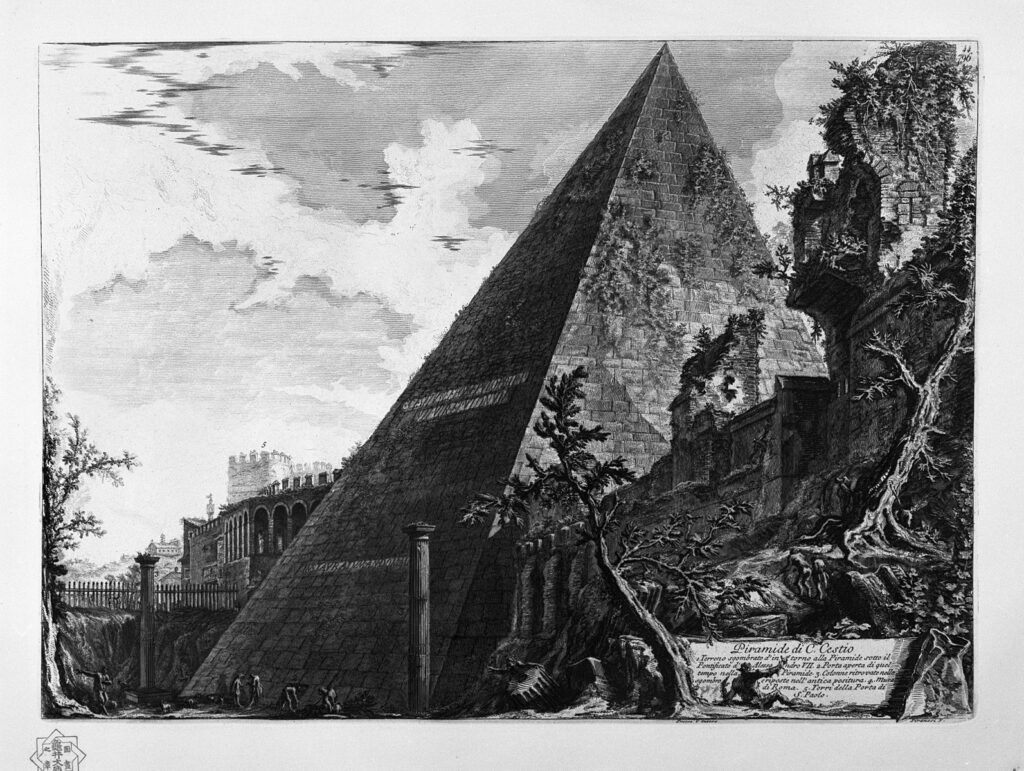 Giovanni Battista Piranesi etchings: Gianbattista Piranesi, Piramide di C. Cestio, in Vedute di Roma, etching, 1748–1774. Wikimedia Commons (public domain).
