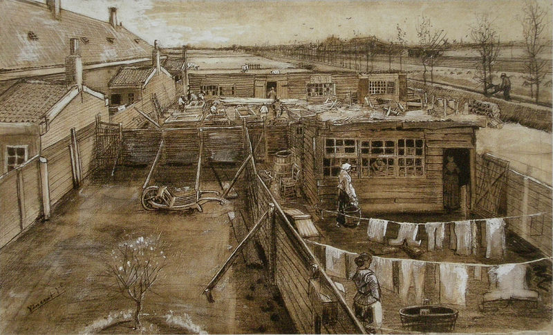 how to collect art: Vincent van Gogh, 1882, Carpenter’s Yard and Laundry, Kröller-Müller Museum, Otterlo, Netherlands. In 1882, Van Gogh’s uncle, Cornelis “Cor” Marinus, likely provided moral as well as financial support when he gave the artist his first paid commission, for cityscapes of the Hague.
