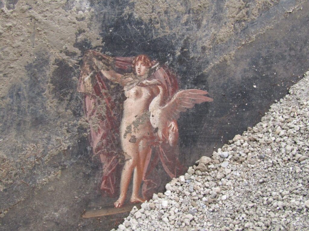 pompeii frescoes: A fresco depicting Zeus and the queen Leda, 15BCE-50CE, Archeological Park of Pompeii, Pompeii, Italy.
