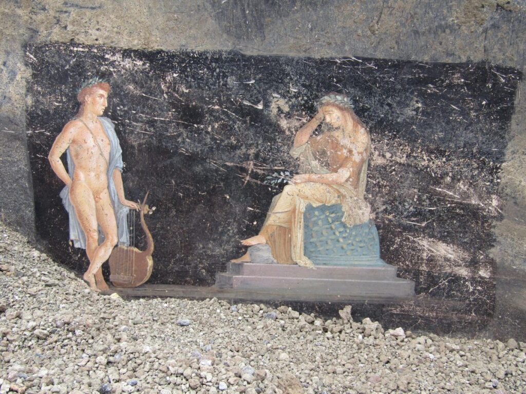 pompeii frescoes: A fresco depicting Apollo and Trojan Priestess Cassandra, 15BCE-50CE, Archeological Park of Pompeii, Pompeii, Italy.
