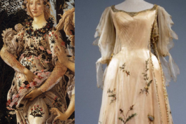 Left image is showing a detail from a painting-a women (Flora) dressed in a floral dress. Right image is showing a floral dress made after an inspiration from the painting on the left.