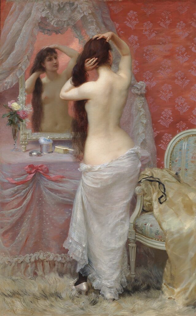 art of getting dressed: Jean-André Rixens, Young Naked Woman Doing Her Hair (Jeune Femme Nue se Coiffant), ca. 1887, private collection.

