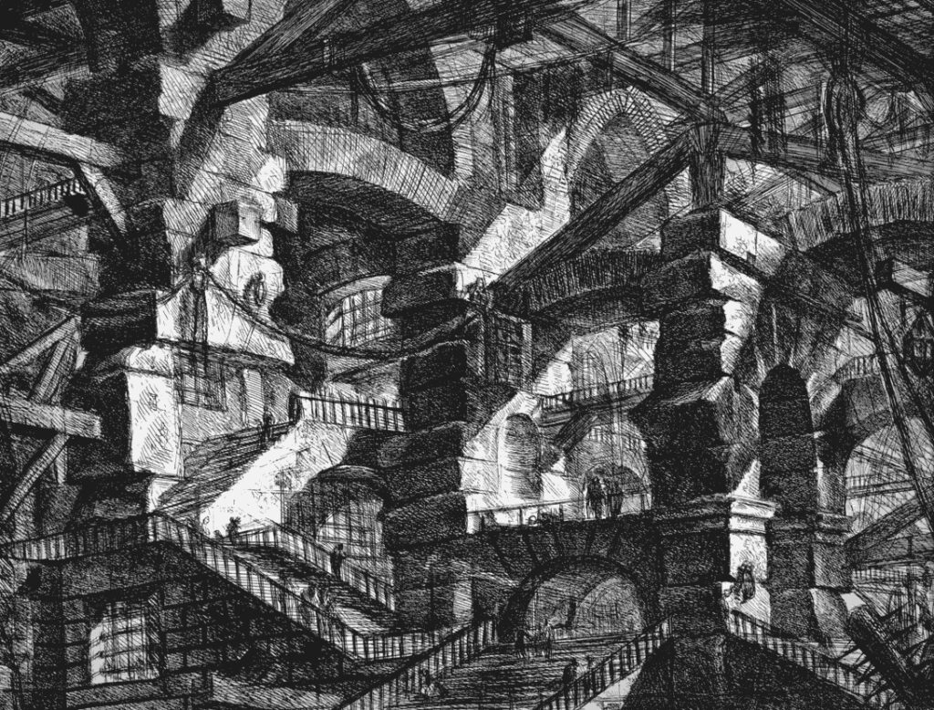 Giovanni Battista Piranesi etchings: Giovanni Battista Piranesi, Carcere XIV, in Carceri d’Invenzione, etching, 1760, Warsaw University Library, Warsaw, Poland.


